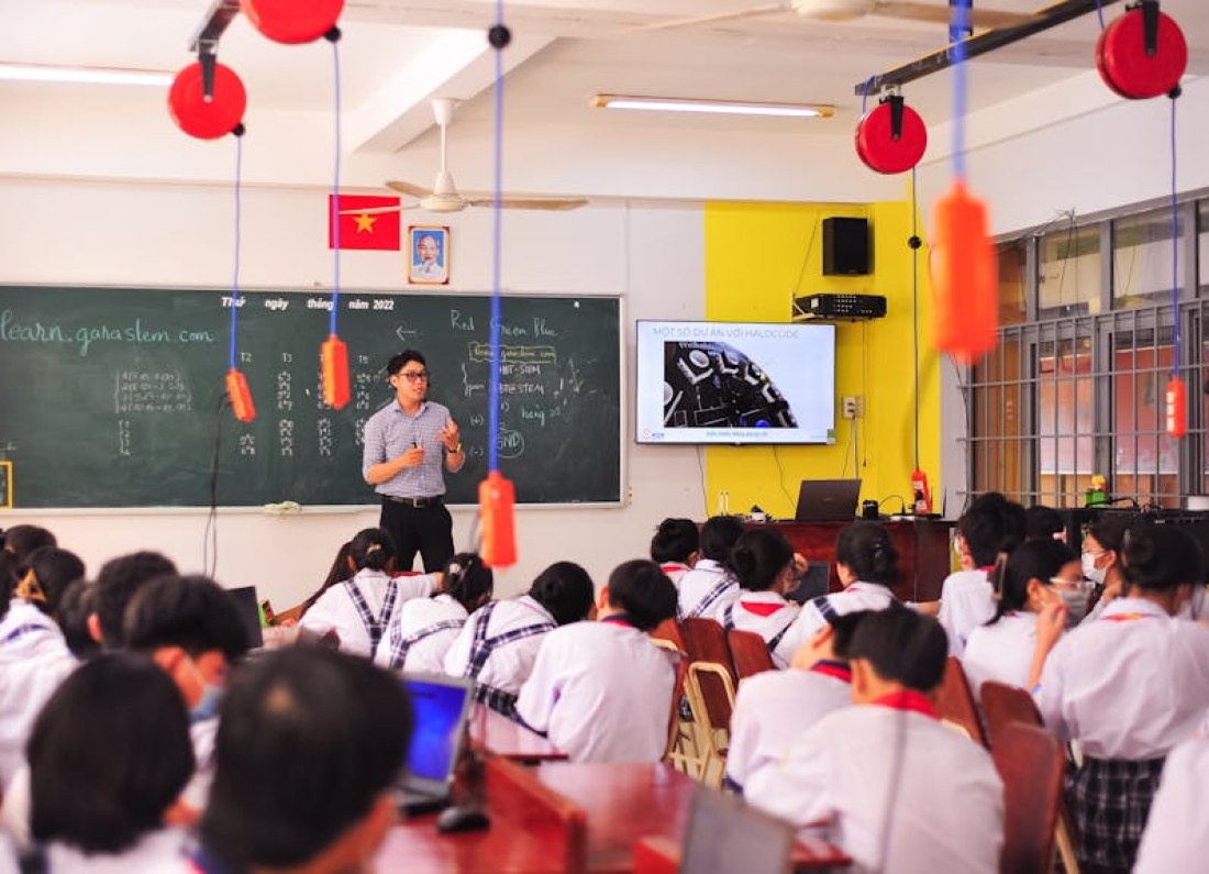 teacher using interactive projector